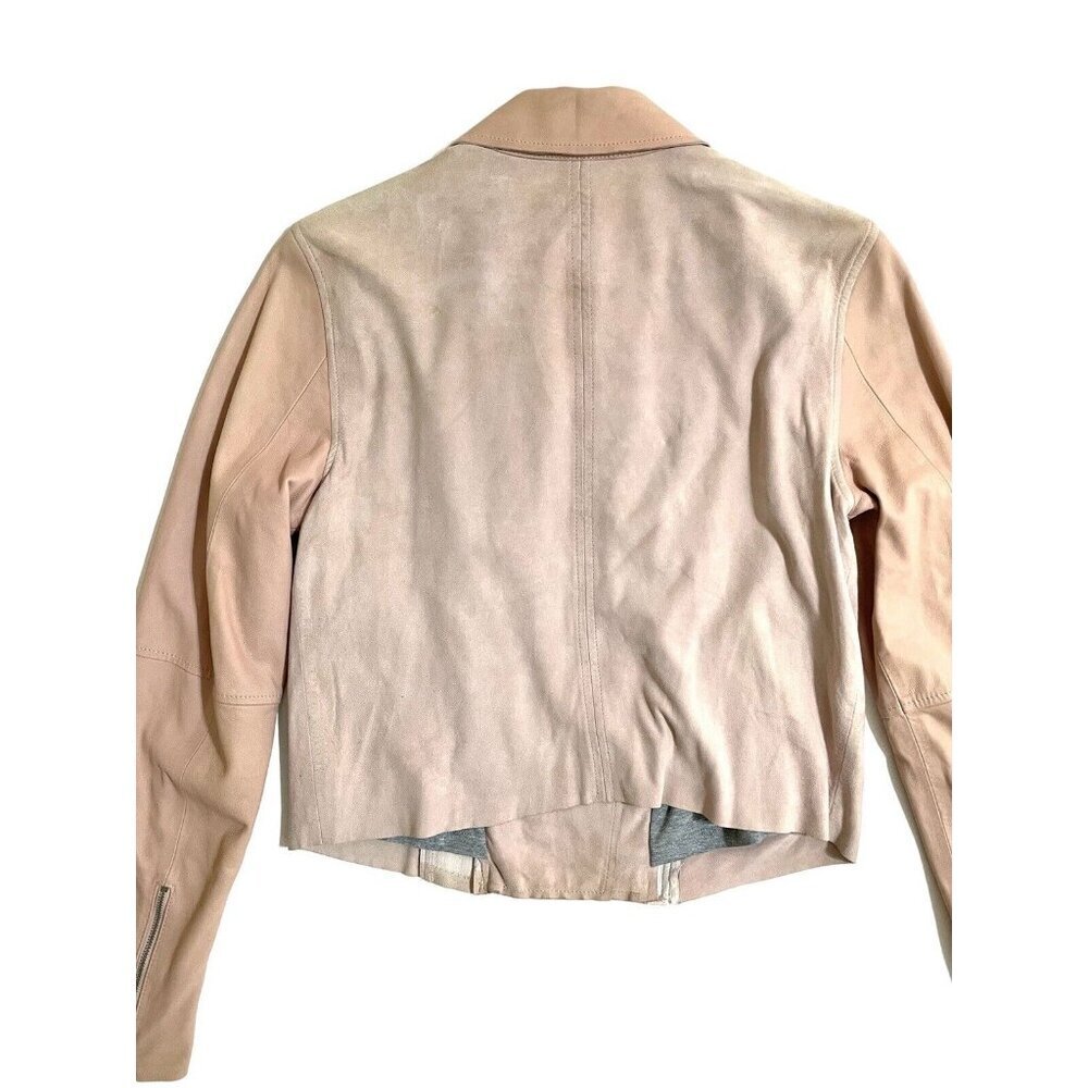 Paige Silvie Leather Moto Jacket Cropped Trim Pink Suede Leather Sz M - Picture 5 of 16